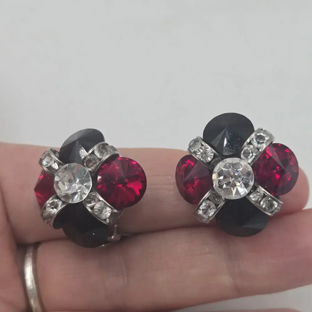 Vtg Red Black Clear Rhinestone Clip On Earrings Silver Tone Statement Cluster